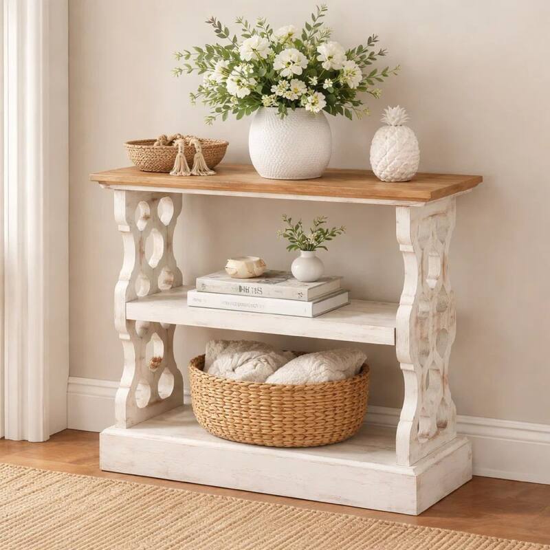 35 Inch 3 Tier Console Table, Fir Wood, Carved Panels, Brown and White