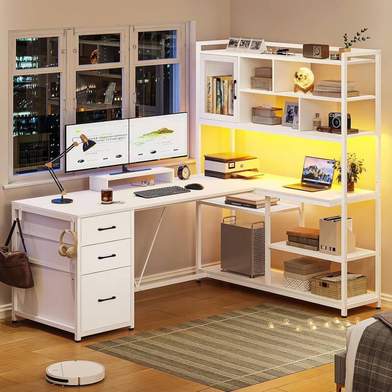 L Shaped Computer Desk 58'' Office Desk with 3 Drawers and Bookshelf