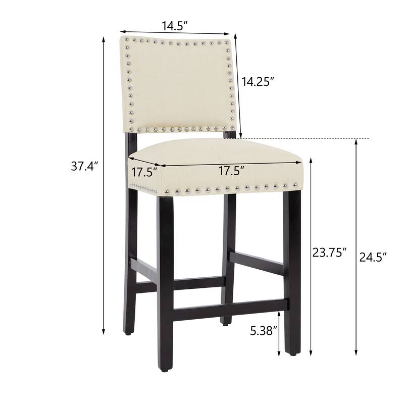 24 Inches Fabric Upholstered Counter Height Bar stools with Back and Silver Nailhead Trim Set of 2