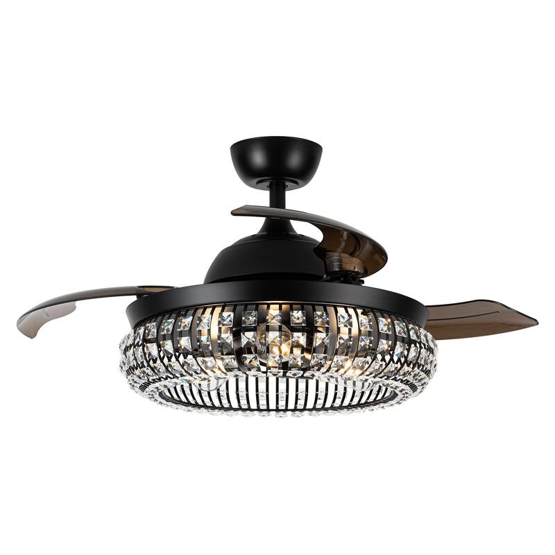 Modern 3-Blade Matte Black Crystal Caged Retractable Ceiling Fan with Remote and Light Kit - 41.73-in W x 16.2-in H