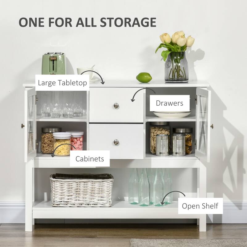 White MDF Sideboard with Adjustable Shelves and Drawers for Kitchen Dining Living Room Storage - 39.25" W x 11.75" D x 31.5" H