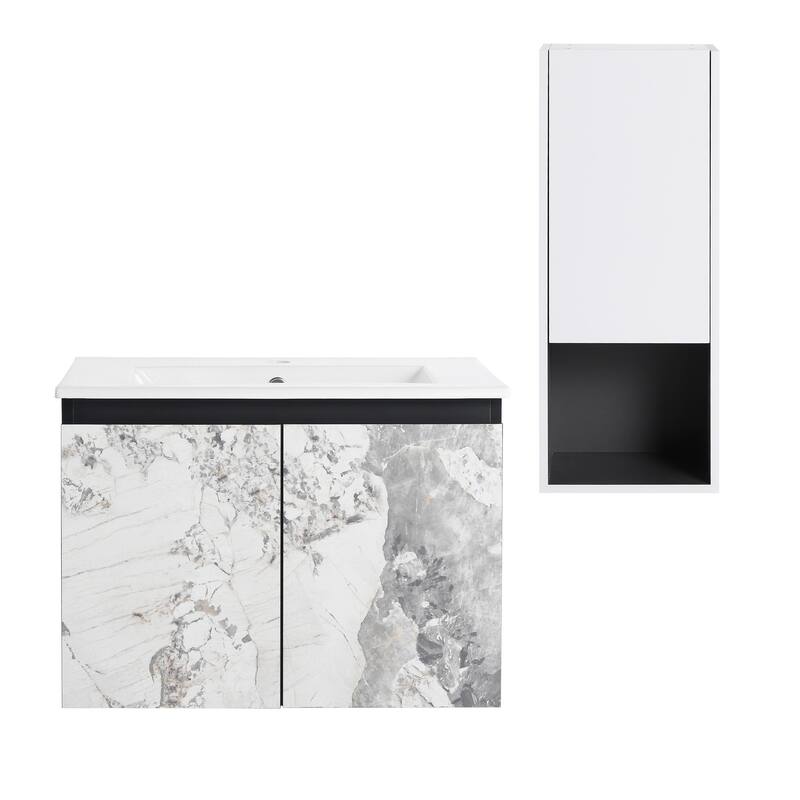 24" Wall-Mounted Bathroom Vanity with Ceramic Sink and Soft-Close Doors, Side Cabinet for Extra Storage