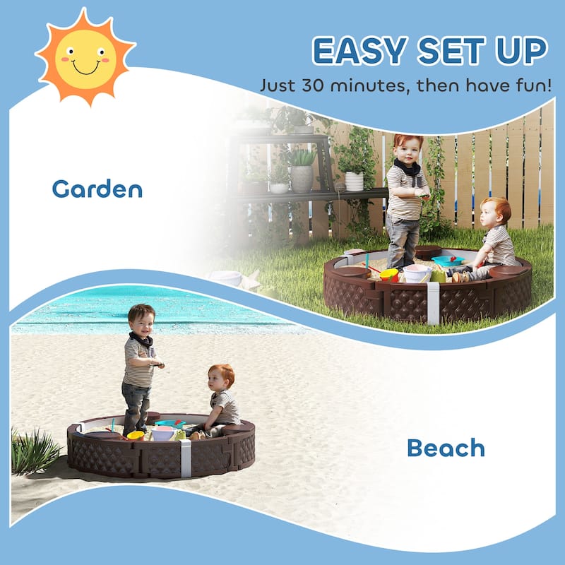 Dark Brown HDPE Kids Sandbox with Four Built In Seats Large Outdoor Play Sandpit with Protective Cover and Bottom Liner