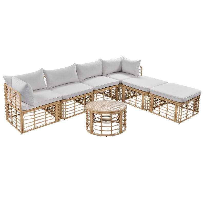 7 Pieces Outdoor Patio Furniture, with Thick Cushions & Pillows, All-Weather Rattan Sectional Sofa Set wRound Coffee Table
