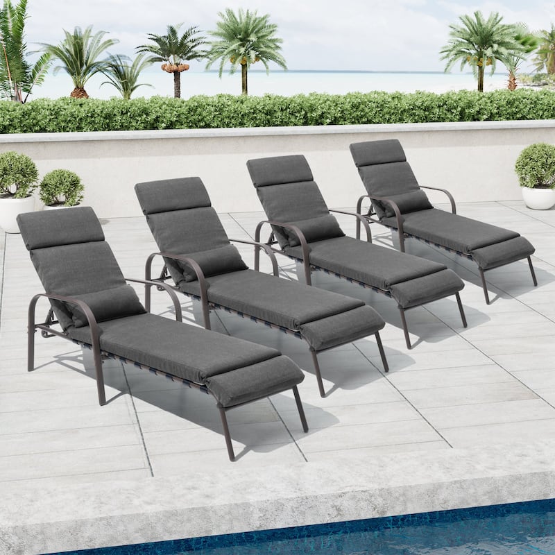 Outdoor Recliner Adjustable Chaise Lounge Chair with Cushion & Pillow - Dark Grey - 4PC