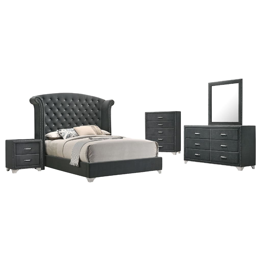 Giya 5pc Queen Bedroom Set, Classic Tufted Dark Gray Velvet Upholstery