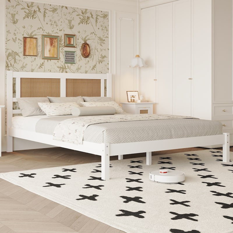 Modern Wooden Platform Bed with Rattan Headboard
