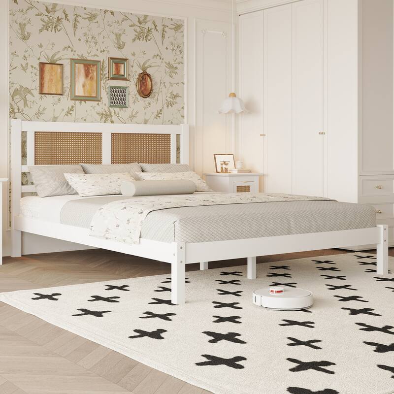 Natural Rattan Headboard Platform Bed - Queen/Full Size, Modern Minimalist Design, No Box Spring Required