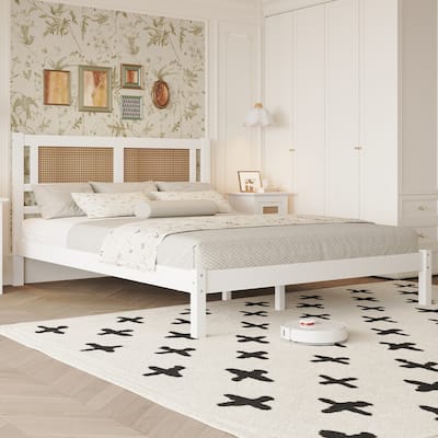 Queen Size Wooden Platform Bed with Rattan Headboard, Minimalist Charm