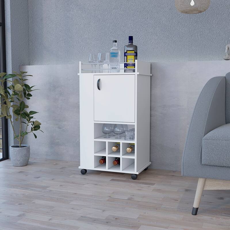 White Bar Cart w/ 6 Wine Cubbies and Single Door Storage, Cocktails Table w/ Casters&Open