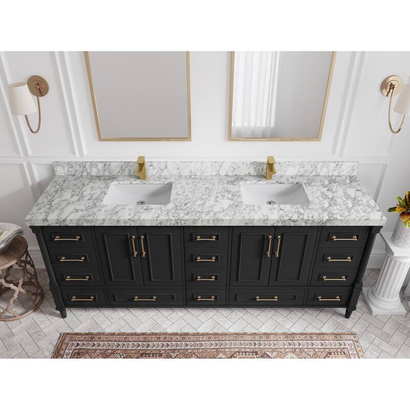 Willow Collections 84 in. W x 22 in. D Aberdeen Double Bowl Sink Bathroom Vanity with Countertop - 2" Carrara Marble - Black