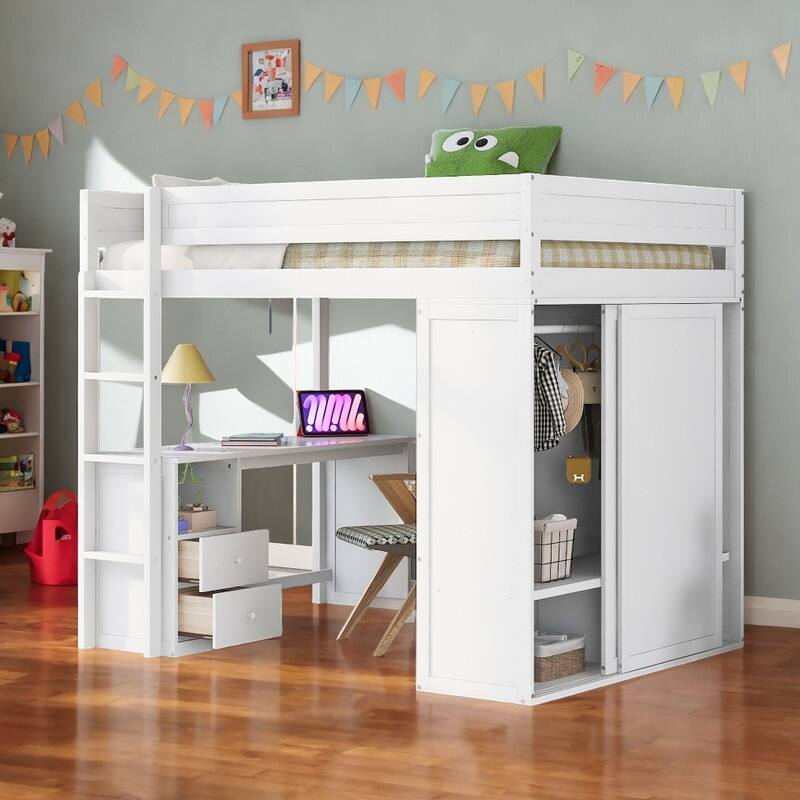 Full Size Loft Bed Frame with Wardrobes and 2-Drawer, Wooden Kids Storage Bed with Desk and Cabinet, White