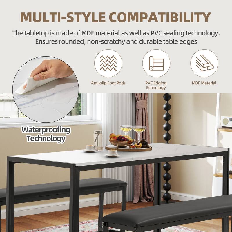 4-6 Person Dining Set with Faux Marble Top, PU Leather Benches and Storage Shelf