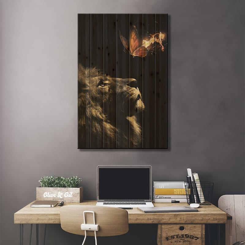 Lion Butterfly Print On Wood by Zenja Gammer - Multi-Color