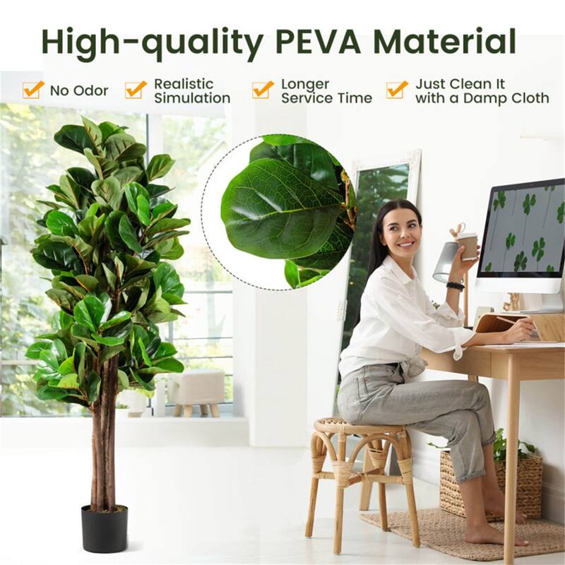 Artificial Fiddle Leaf Fig Tree 5 Feet Lifelike Indoor and Outdoor Plant with Moss Filled Pot - 6" x 5"
