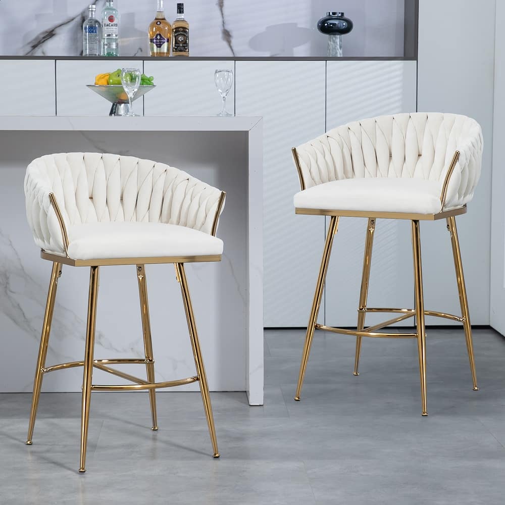 26''Counter Height Bar Stools w/Velvet Upholstery and Golden Chromed Base（Set of 2）
