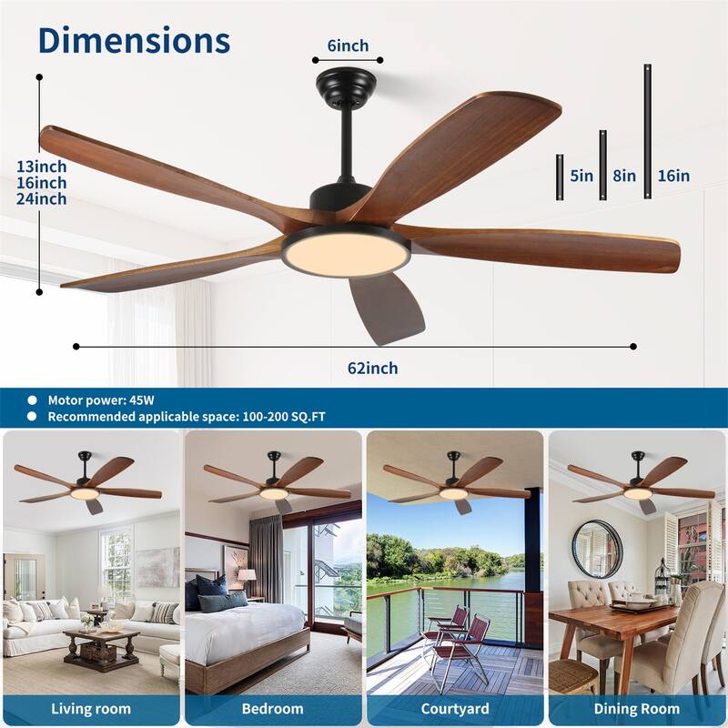 62-inch Large Outdoor Ceiling Fan with Remote Control and Light