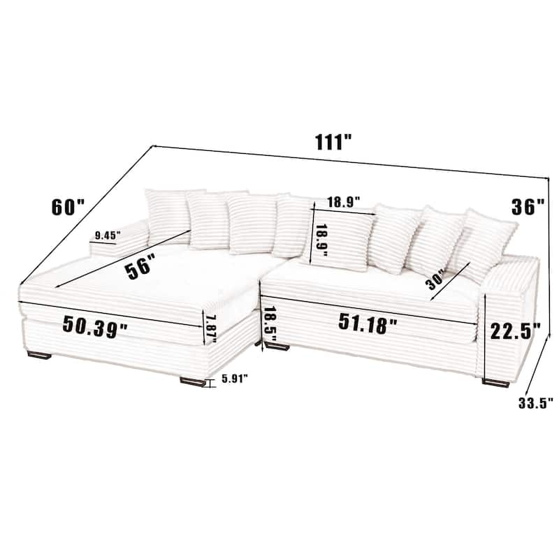 Beige 111" Corduroy L-Shaped Sectional Sofa with Left Chaise & 8 Pillows