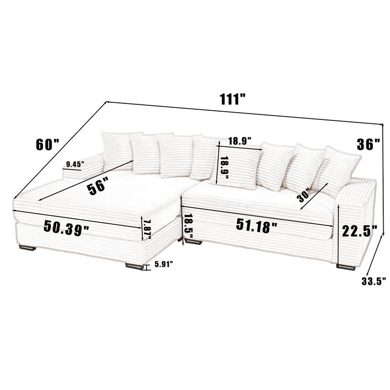 Gray 111" Corduroy L-Shaped Sectional Sofa with Left Chaise & 8 Pillows