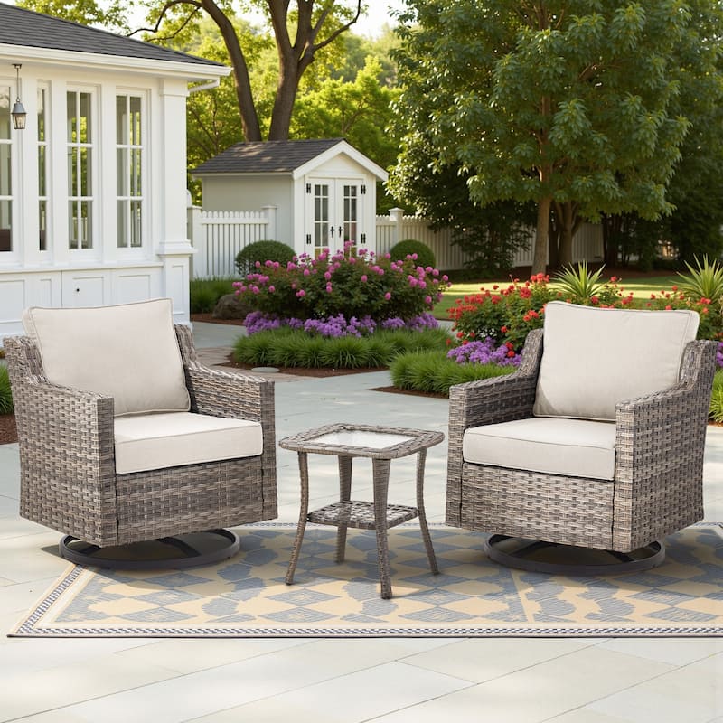 Glissia 3-Piece Gray Wicker Outdoor Swivel Glider Chair Set with 4-Inch Thick Cushions and Side Table