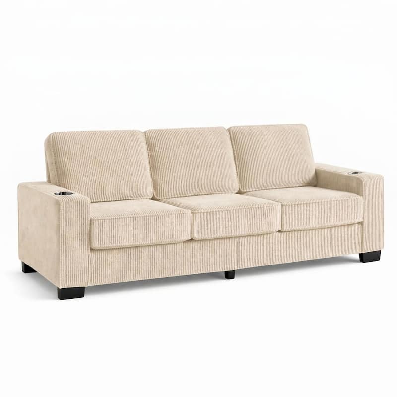 83.8'' Corduroy 3-Seat Sofa with Cup Holders, Modern Upholstered Couch, Compressed Living Room Sofa for Apartment Home Office