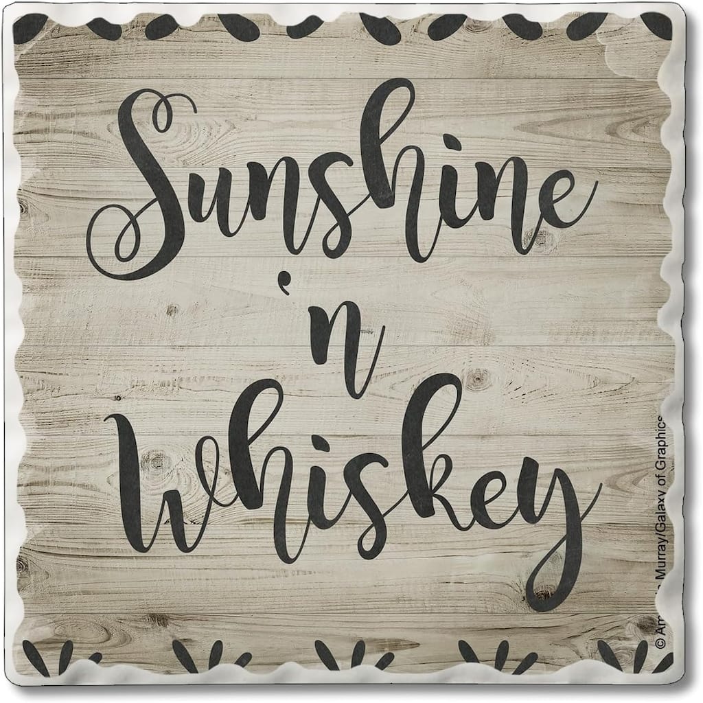 Sunshine N Whiskey 4 Pack Single Absorbent Stone Coaster with Protective Cork Backing Made in The USA 4" Square, Wipes Clean