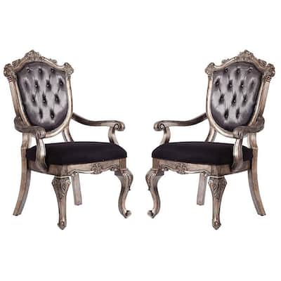 Wooden Arm Chair with Button Tufted Padded Backrest,Set of 2,Silver and Gray