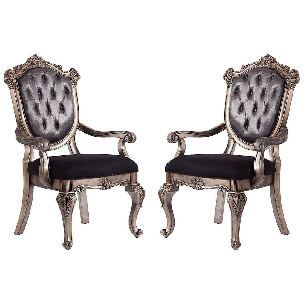 Wooden Arm Chair with Button Tufted Padded Backrest,Set of 2,Silver and Gray