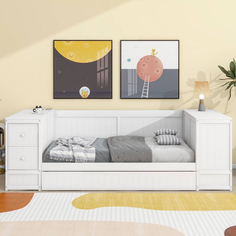 Twin Size Daybed with Storage, Trundle, and Charging Station in White