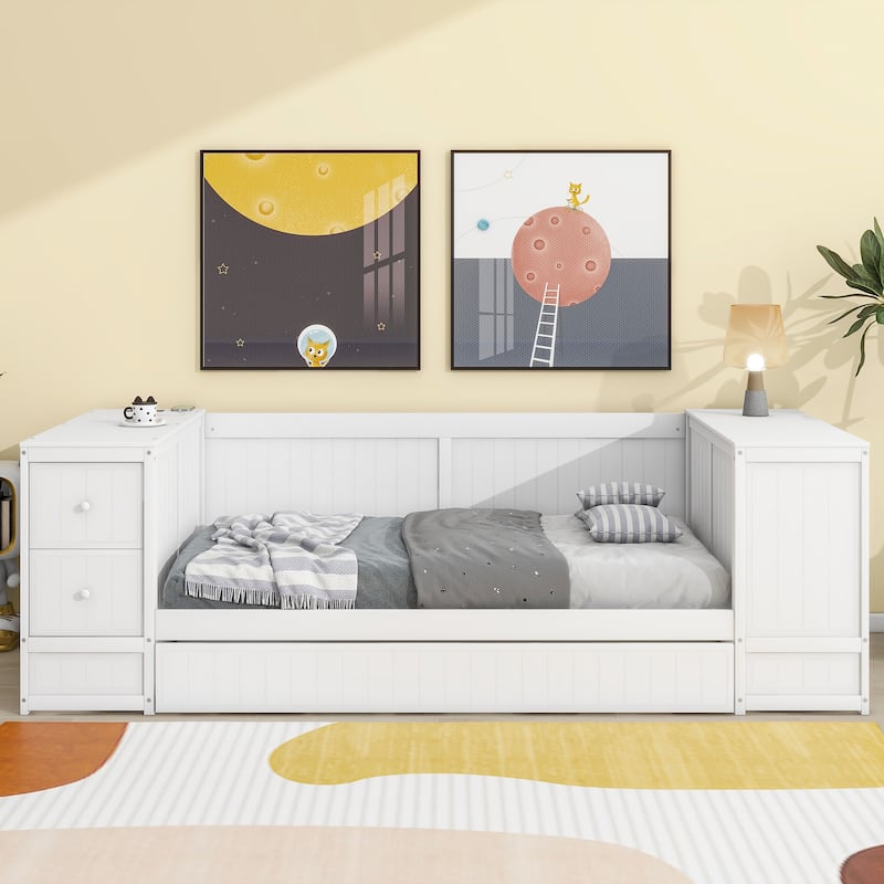 Wooden Bed Frame Low-Profile Daybed with Storage Arms and Charging Station, Trundle Bed with Wood Slat for Bedroom/Apartment