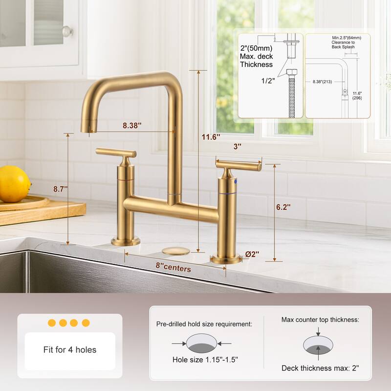 WOWOW Double Handle Bridge Faucet with Kitchen Sink Hole Cover