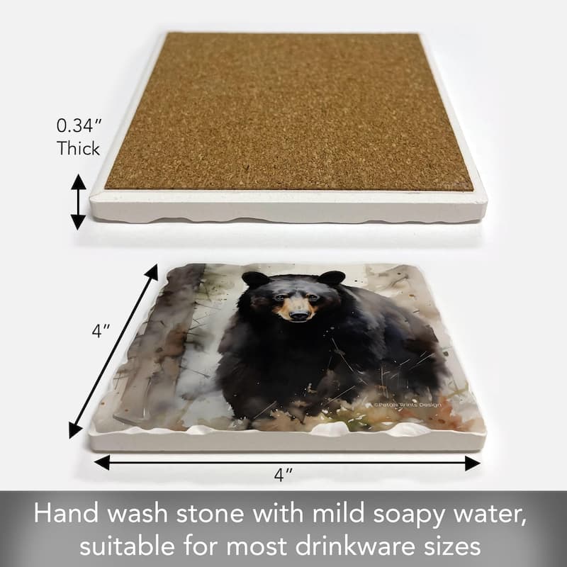 Forest Black Bear 4 Pack Tumbled Tile Stone Coaster with Protective Cork Backing Made in The USA 4" Square