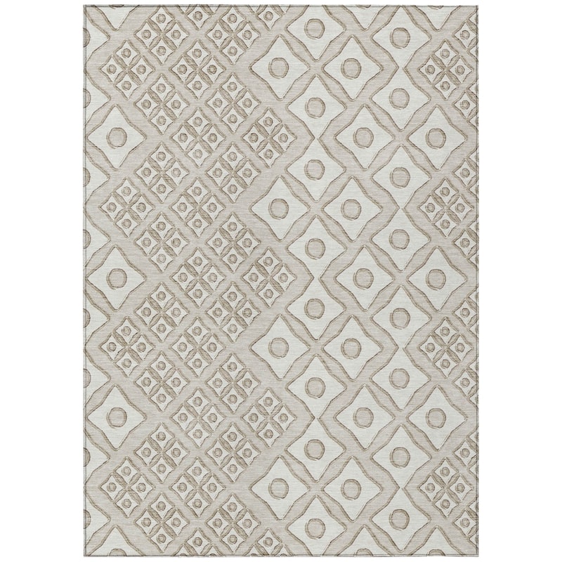 Beige And Ivory Geometric Washable Indoor Outdoor Area Rug - 3' x 5'