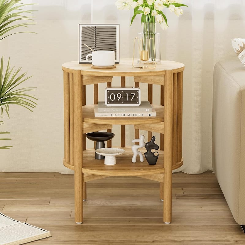 Modern Wood Nightstand with Open Storage, Round End Table for Living Room, Bedroom