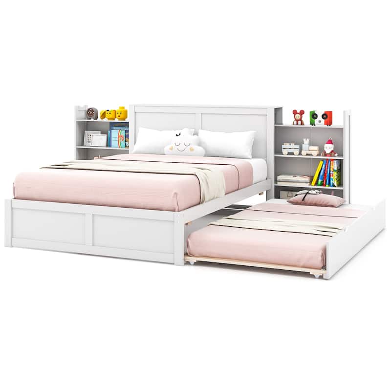 Twin/Full Kids Wooden Platform Bed with Trundle Storage Headboard