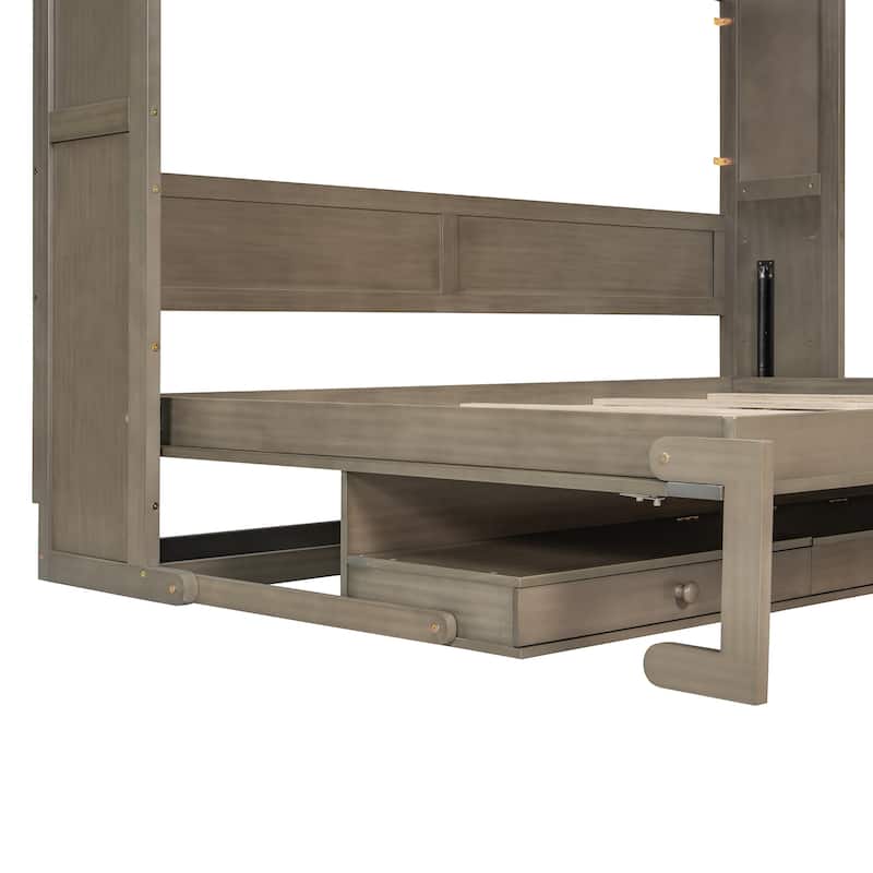 Foldable Wall Cabinet Bed Queen Size Hydraulic Lift Murphy Bed with Integrated Vanity Desk, Center Mirror and Side Drawers