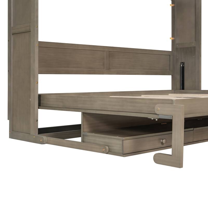 Space-Saving Queen Murphy Bed with Vanity Desk, Mirror & Storage Drawers in Distressed Gray