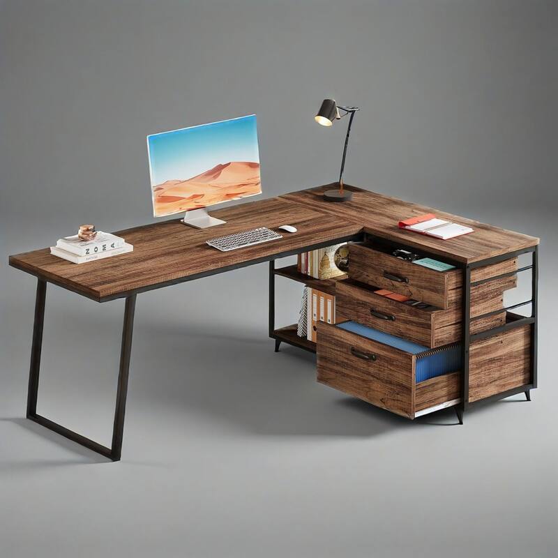 Reversible Corner L-Shaped Office Desk with 3 Drawers and 2-Tier Storage Shelves for Home Use