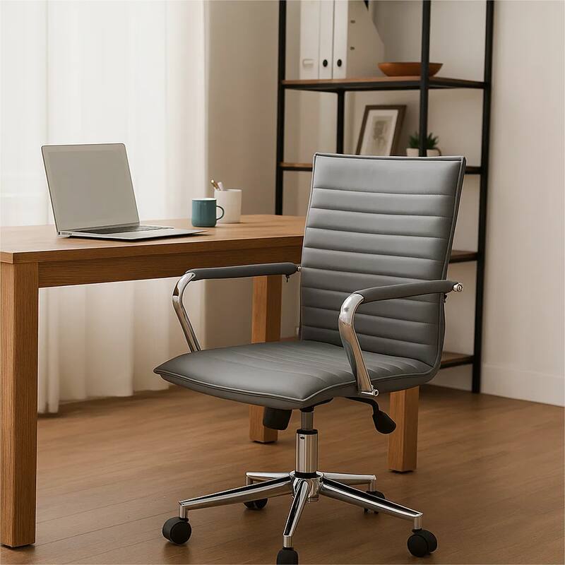 Kenny Commercial Grade Chair with Chrome Arms and Metal Base, Gray Vinyl