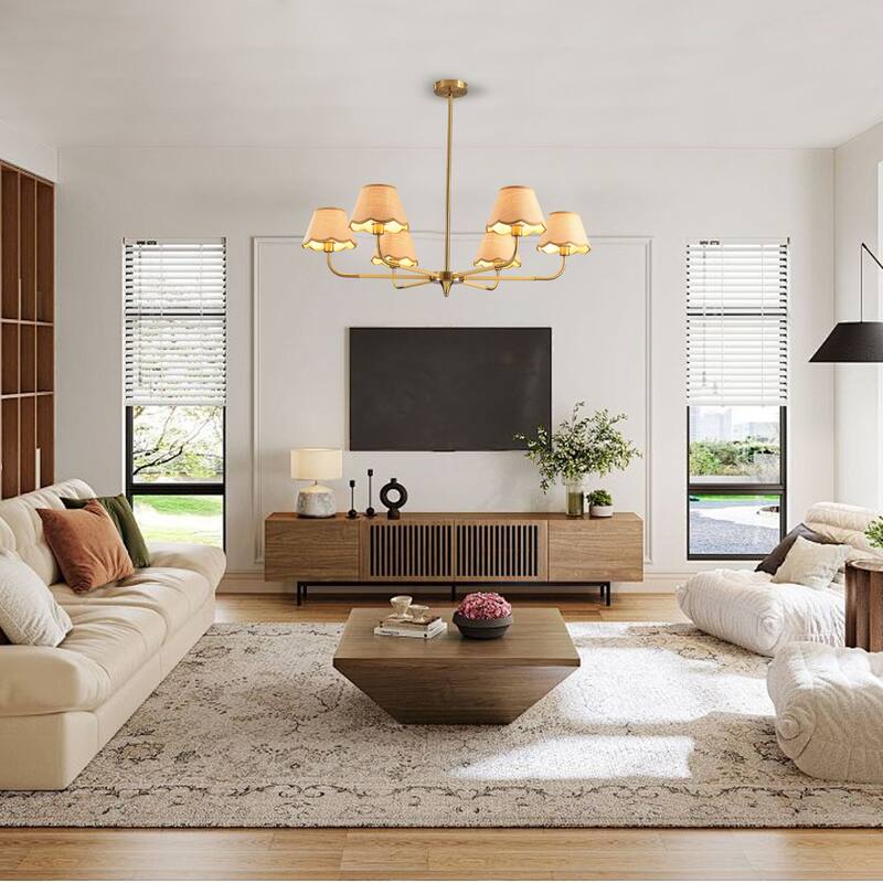 38" Gold 6-lamp Chandelier with Hand-Woven Rattan Lampshade, Mid-Century Hanging Pendant Light Fixture (Bulb Not Included)