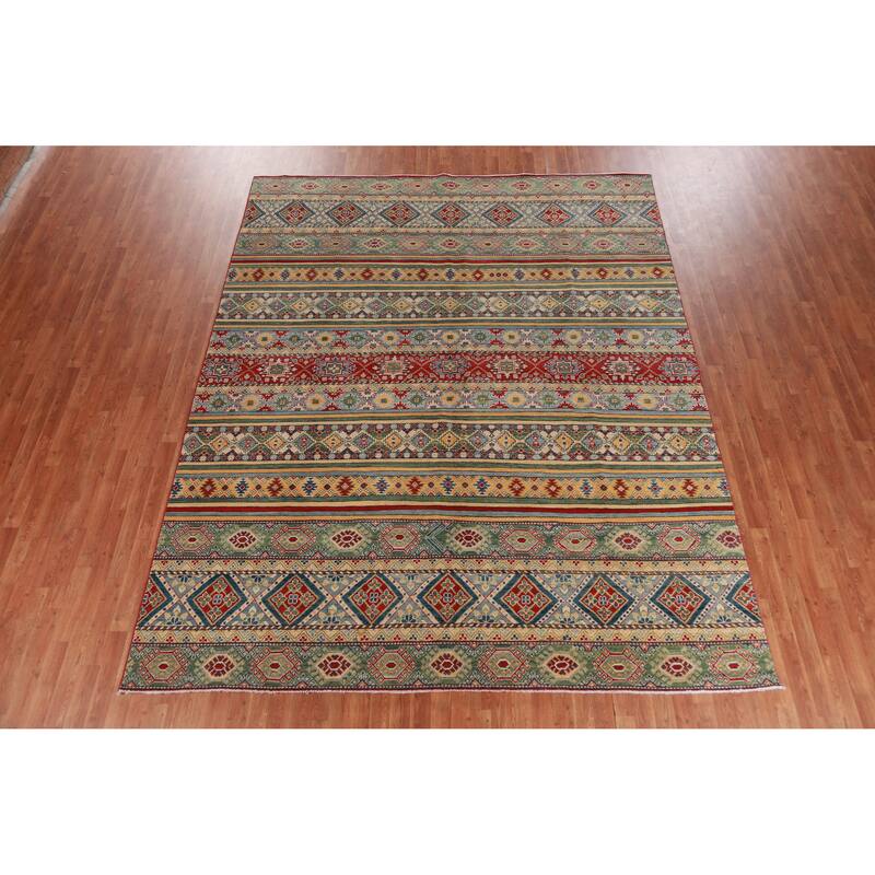 Hand Knotted Oriental 100% Wool Carpet Traditional Geometric Multi-Colored Kazak Area Rug - 11' 3'' X 9' 1''