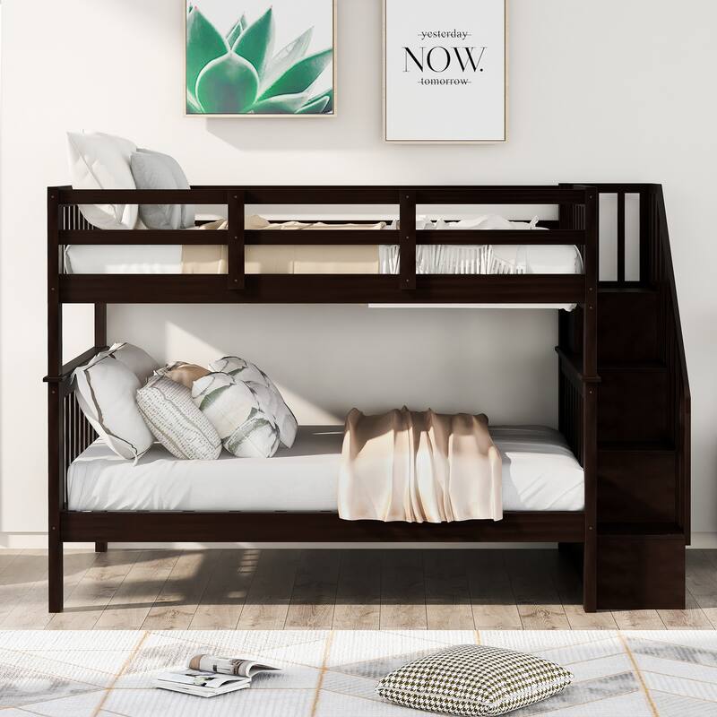 Full Bunk Bed with Storage Stairs and 300lb Capacity, Convertible to 2 Beds, Solid Wood Frame