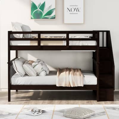 Full-Over-Full Stairway Bunk Bed, Can Be Divided into Two Individual Bedframe, Solid Wood Bedfram w/Storage Stairs & Guard Rail