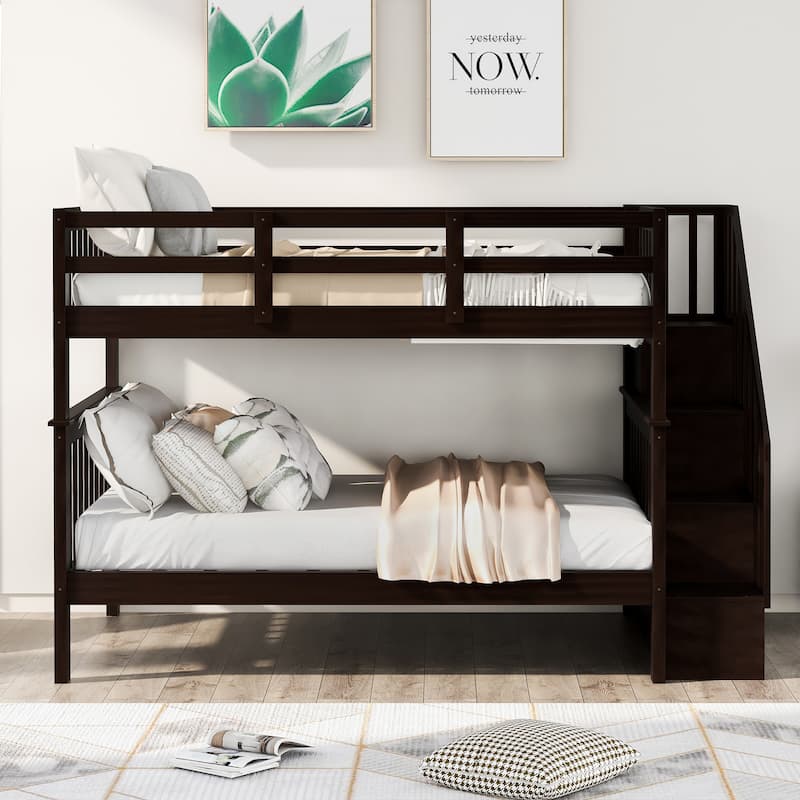 Full-Over-Full Wooden Bunk Bed with Storage Stairway and Full-Length Guardrail, Splits into 2 Beds, for Kids Teens Bedroom Dorm - Espresso - Full
