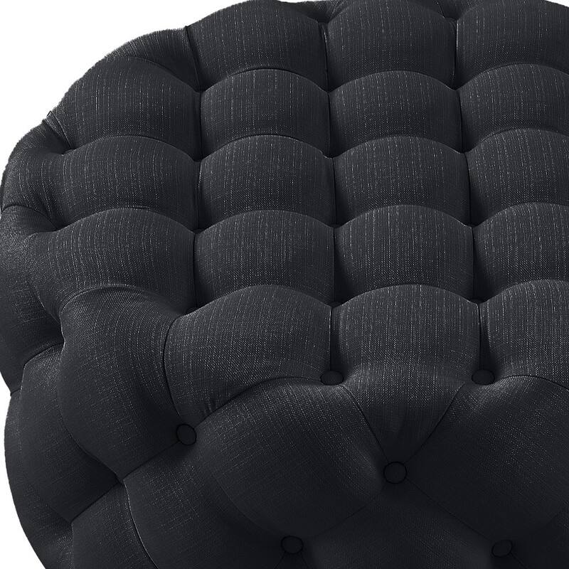 HomeRoots 33" Black Linen Tufted Round Cocktail Ottoman