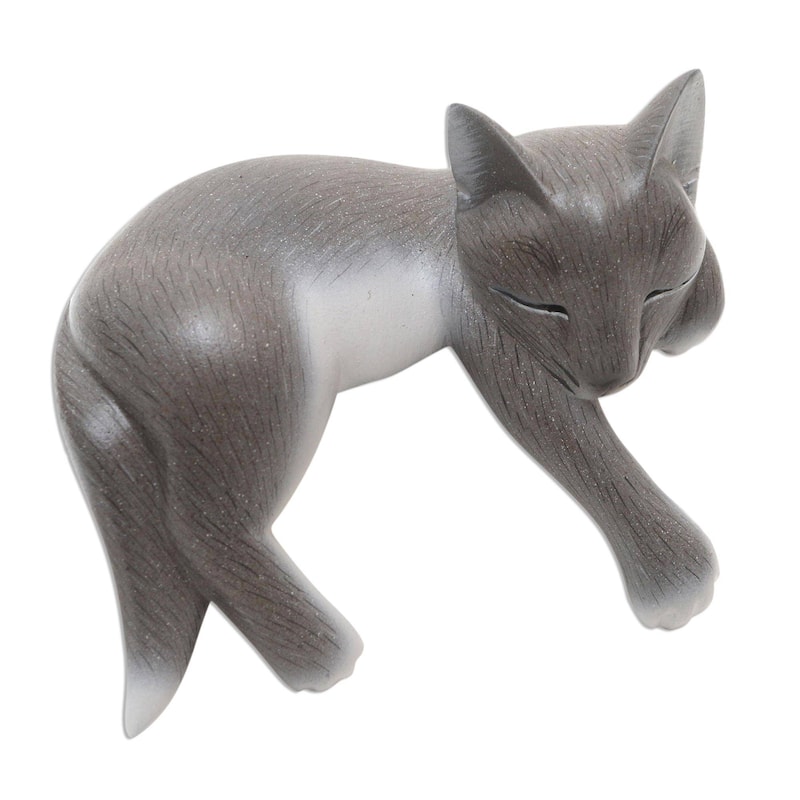 Wood statuette, 'Lounging Cat in Grey' - 4.7" H x 6" W x 3.1" D