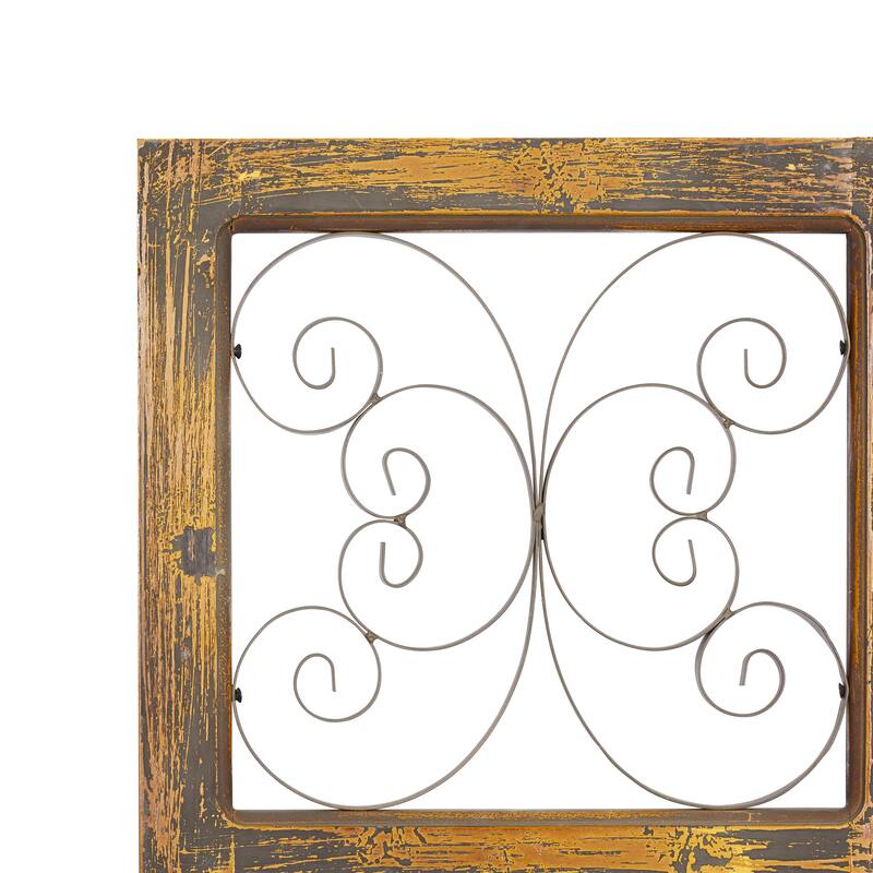 Brown Wood Distressed Panel Scroll Home Wall Decor with Bronze Metal Scrollwork