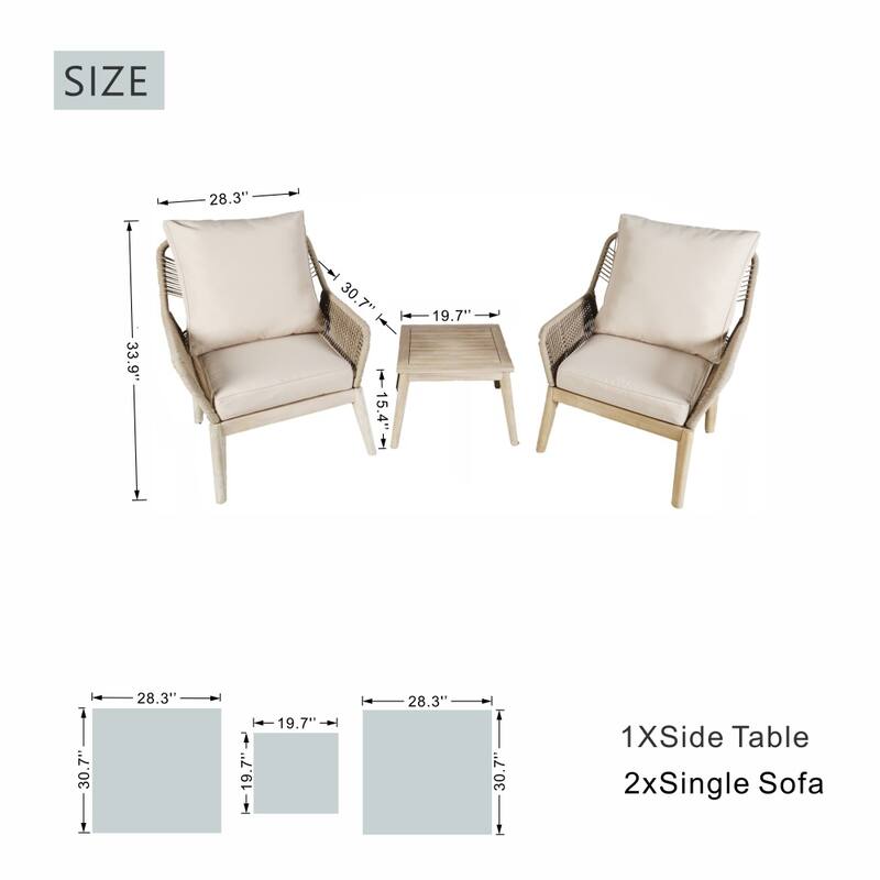 3-Piece Modern Outdoor Acacia Wood Chair Set with Side Table