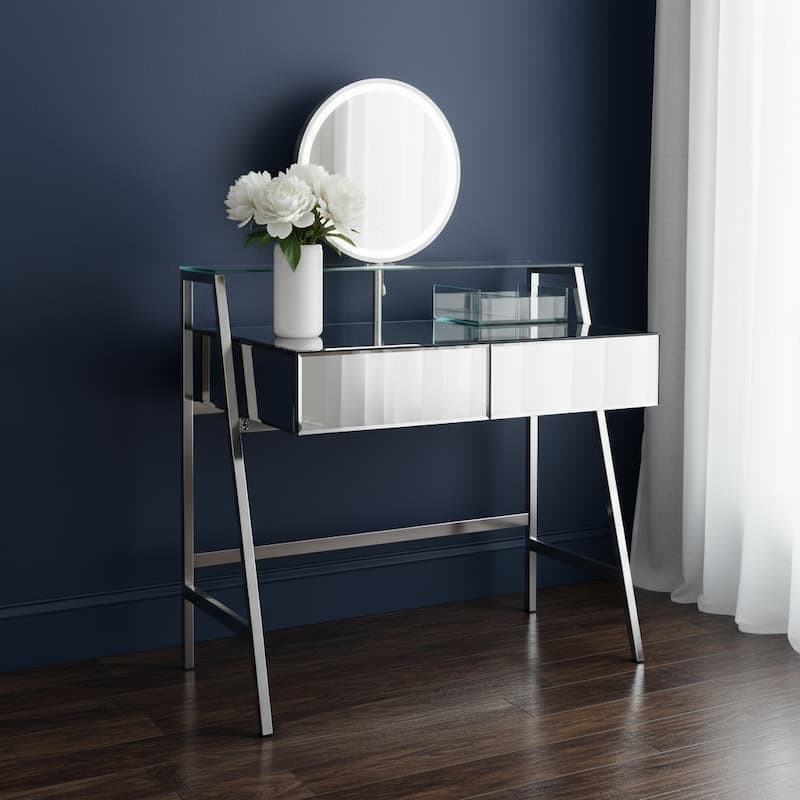 HomeRoots 34" Silver Mirrored Glass and Stainless Steel Two Drawer Vanity Table With Mirror And Lights - Silver