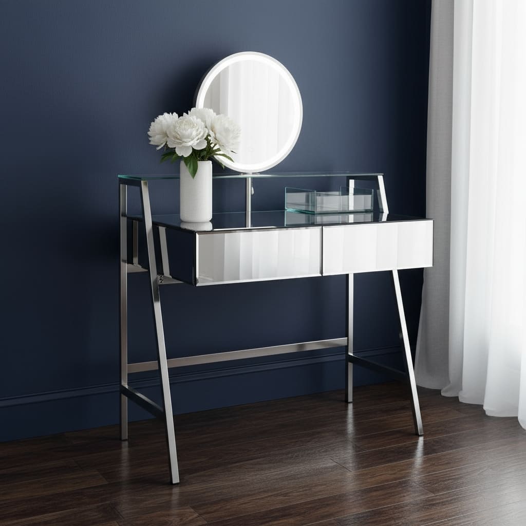 HomeRoots 34" Silver Mirrored Glass and Stainless Steel Two Drawer Vanity Table With Mirror And Lights